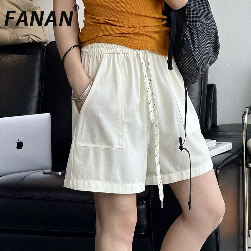 FANAN-pantalones cortos minimalistas con diseño de cordón para mujer, ropa elástica de cintura alta con bolsillos grandes, moda femenina, novedad de verano 2025