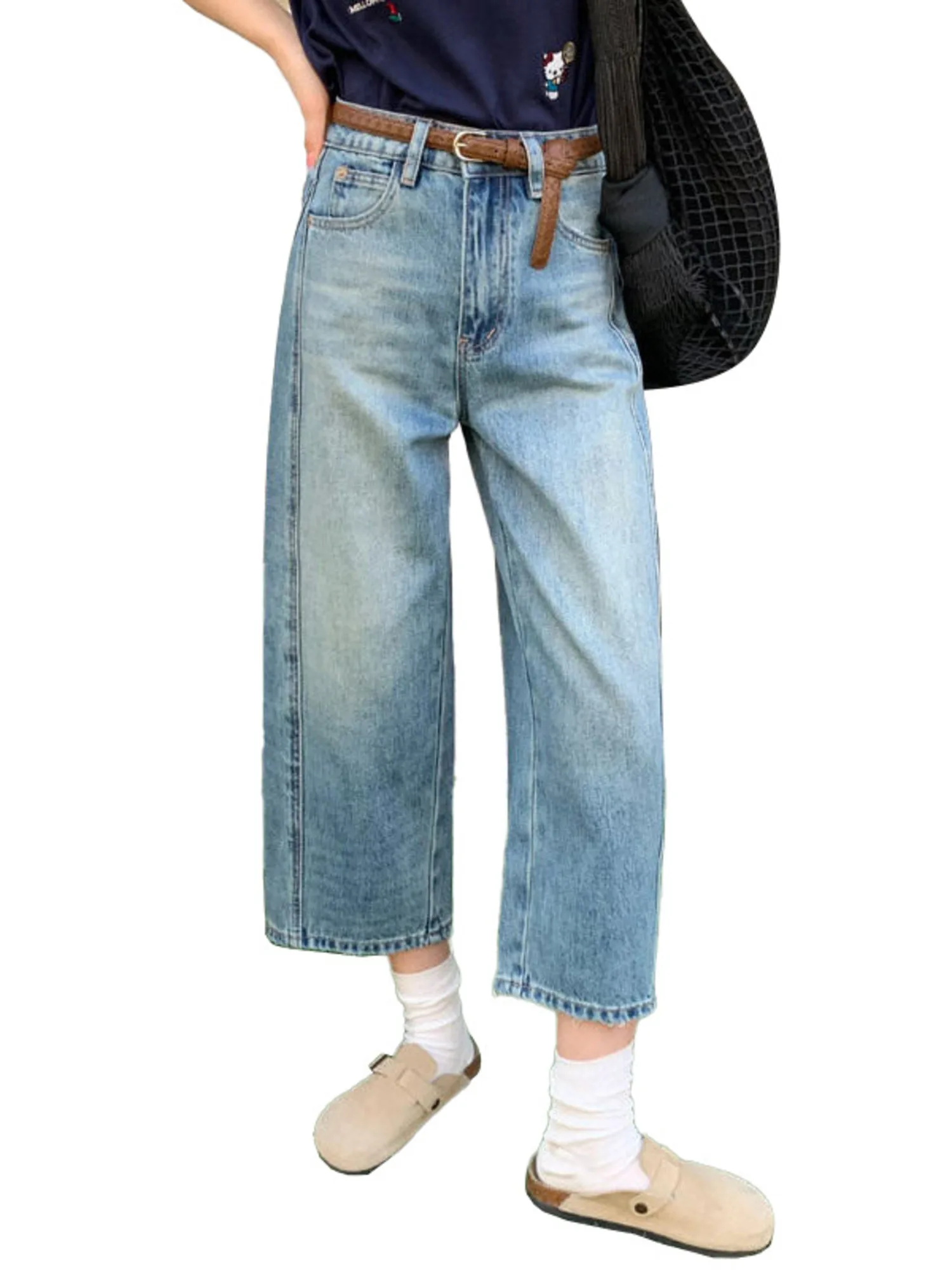 Women Vintage Washed Wide Leg Cropped Jeans High Waist Frayed Hem Denim Pants Casual