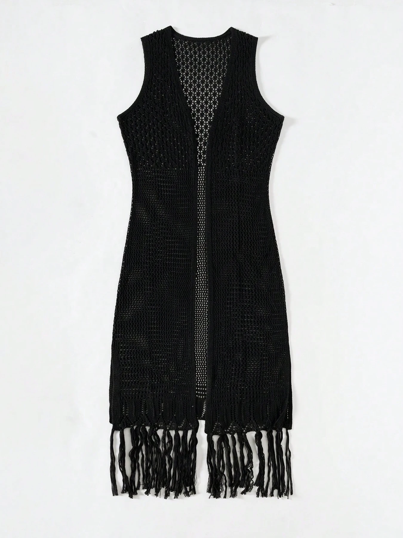 Traje de baño de estilo largo tejido para cubrir vacaciones en la playa vestido sin mangas calado con borla bata de protección solar de moda