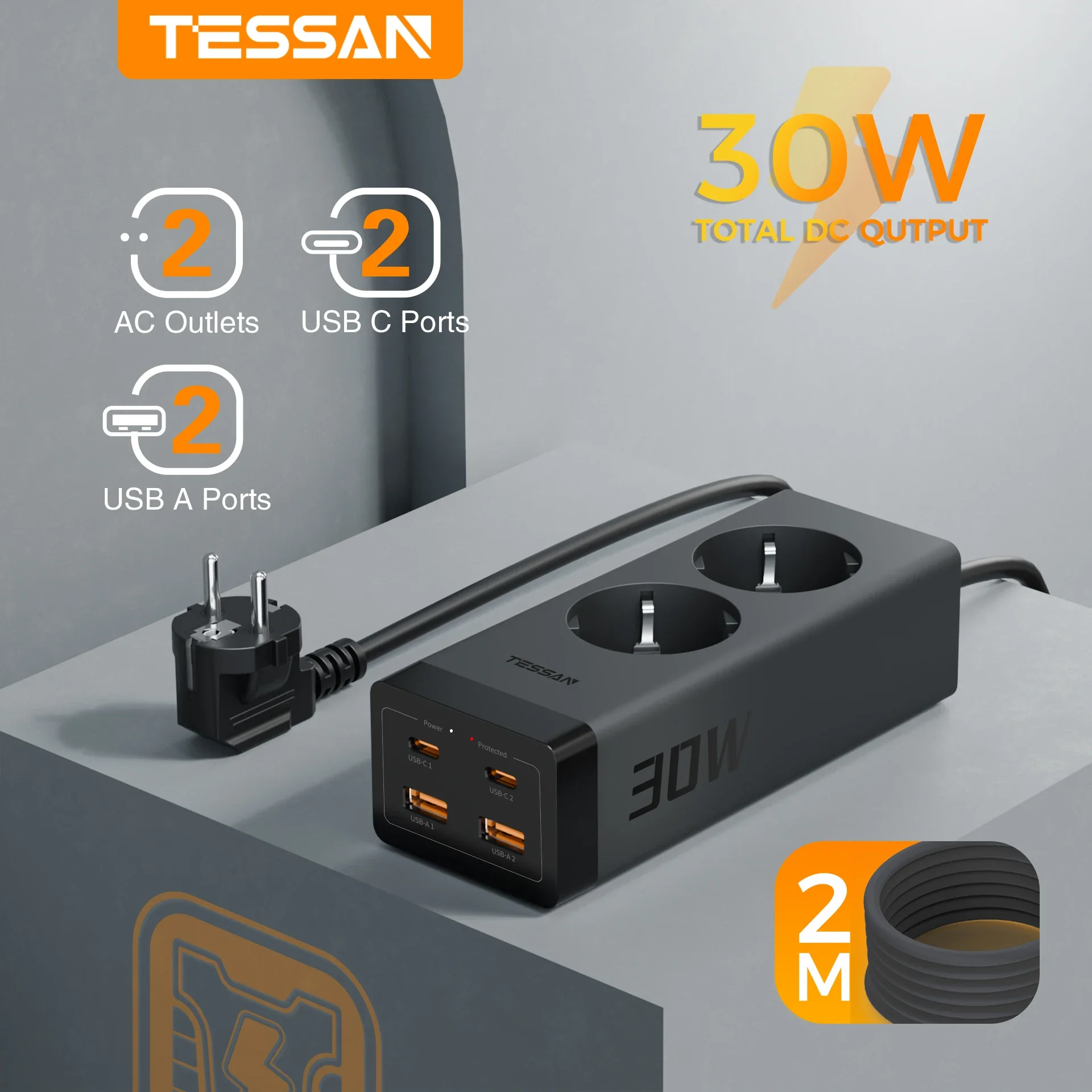 TESSAN Multiple Plug Power Strip GaN 2-Way Plug Adapter with 4USB 3600W Surge Protection Fast Charging Power Strip with 2M Cable