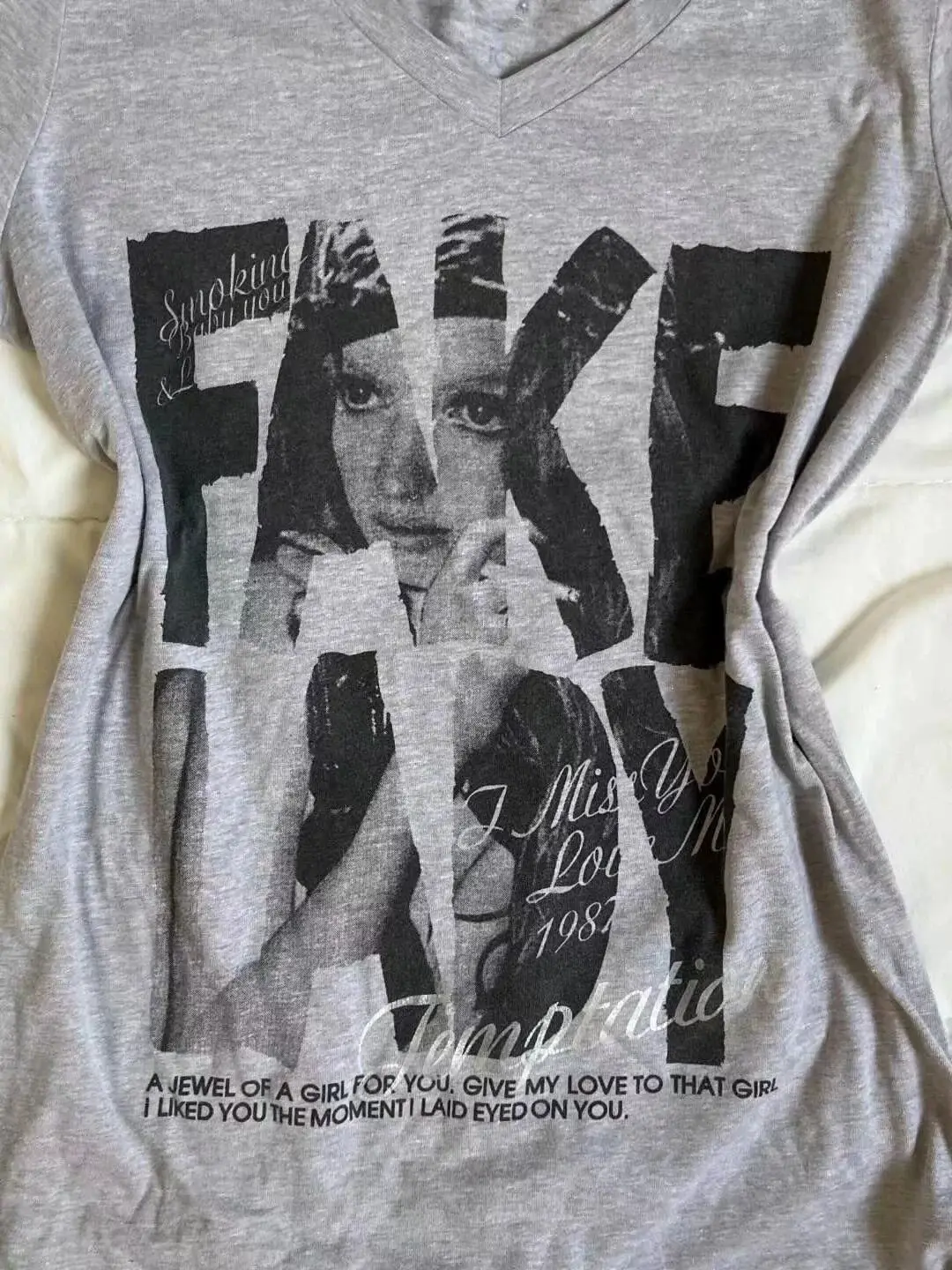 Y2K Indie Sleaze Women Graphic Tee V Neck Fake Lady Photo Print Grey T Shirt Grunge Aesthetic Retro Slim Fit Longline Top