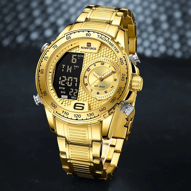 NAVIFORCE Luxury Brand Watches For Men Stainless Steel Chronograph Digital Quartz Wrist watch Fashion Luminous Waterproof Clock