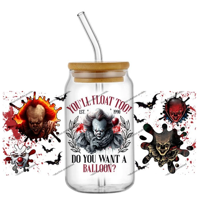 Halloween horror movie Killer Design UV DTF Sticker for 16ozCup Glass Wrap Transfer Sticker Label DIY Logo Self adhesive