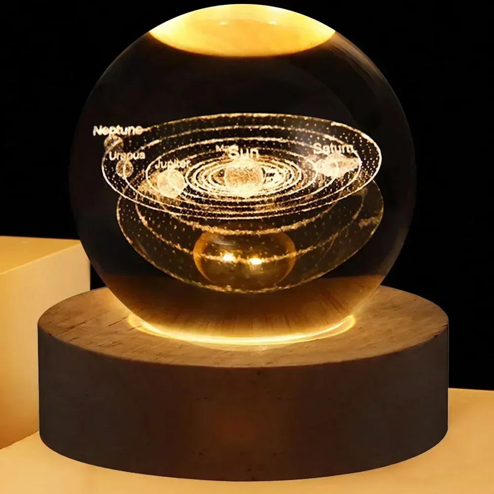 Bola de cristal 3D luz noturna brilhante galáxia planetária lâmpada de cabeceira iluminação decorativa para casa presente de Natal