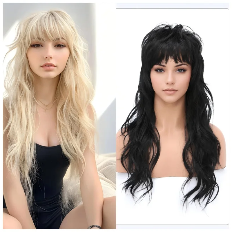 Pelucas rizadas europeas y americanas, pelo largo para mujeres estilo rock punk de los años 80 y 90, accesorios para la cabeza en dorado y negro.