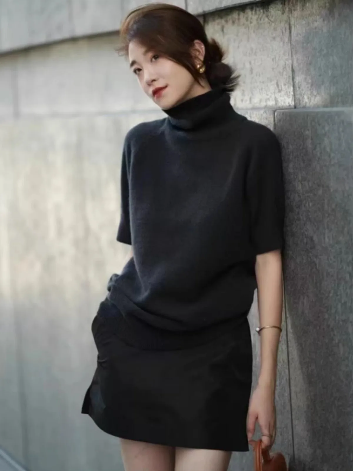 

Worsted wool intellectual elegant turtleneck thin cashmere knit short sleeve women spring summer with half sleeve T-shirt base