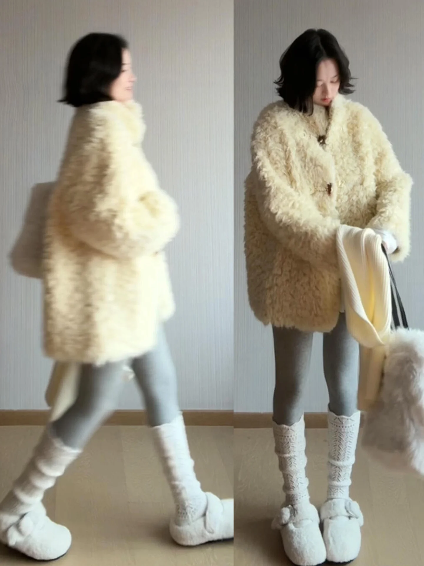 

Yellow Lamb Fur Jaet Women's Loose Thiened Fce Outerwear Autumn Winter Sweet Sle Warm Long Sve Color Top