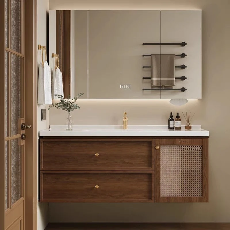 

French rattan bathroom cabinet red oak combination bathroom ceramic integrated basin washstand