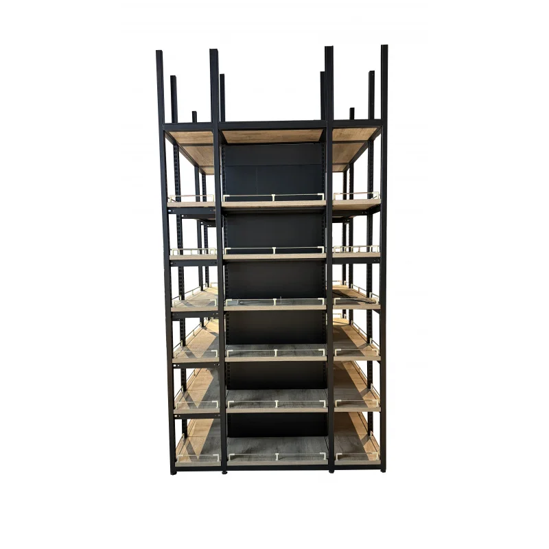 مخصص.360 °   الضميمة الكاملة من الصلب والخشب على الوجهين نظام رفوف العمود رفوف العرض القابلة للتخصيص متاجر البيع بالتجزئة