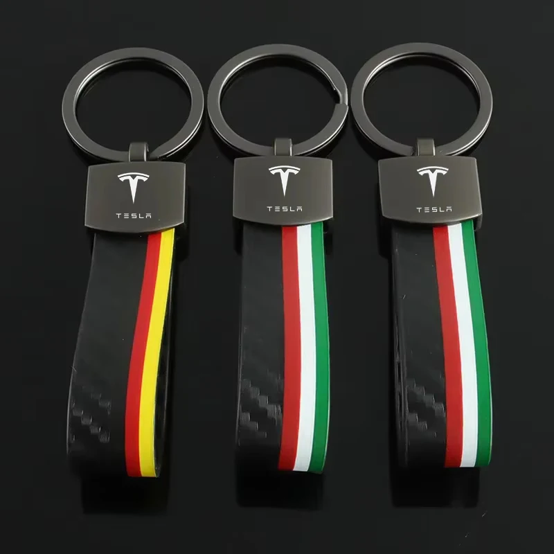 Brelok do kluczy z włókna węglowego, skórzany, ze stopu, stylizacja flagi Niemiec i Włoch, breloczki do kluczy z logo Tesla Model 3 S X Y Roadster Cybertuck