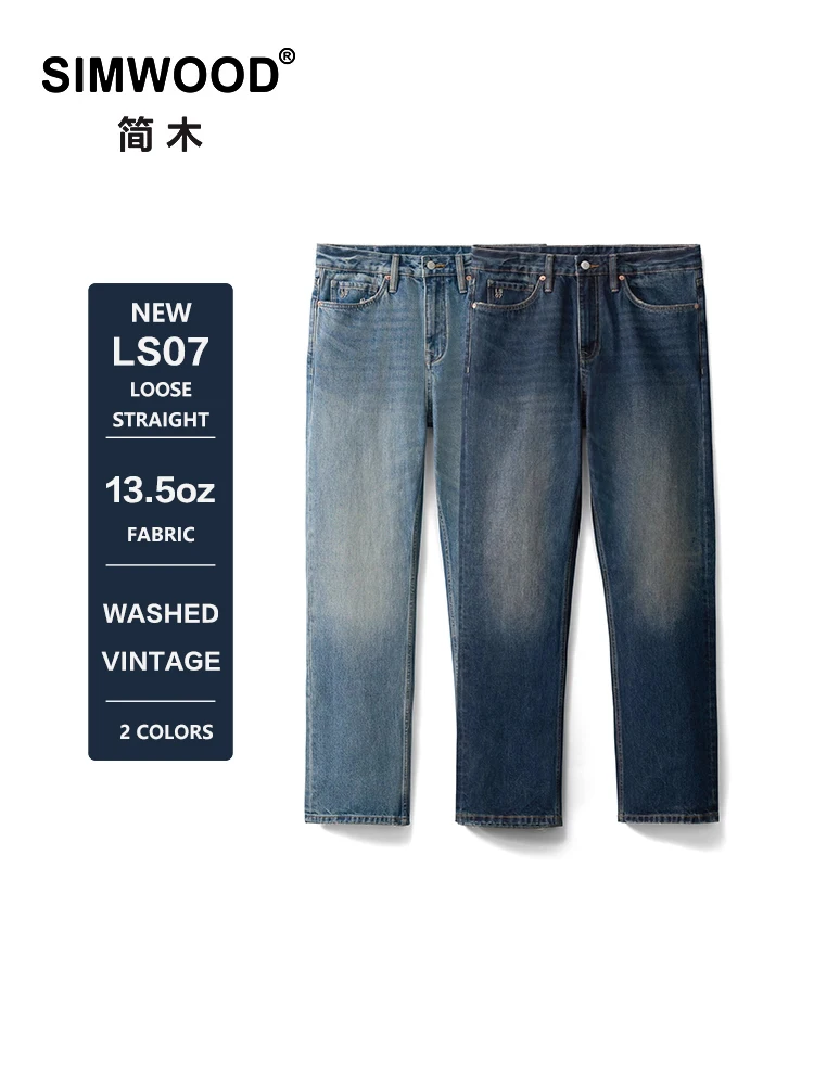 

SIMWOOD 2024 Autumn New loose Straight 13.5oz Fabric Washed Vintage Jeans Men Classical Plus Size Denim Trousers