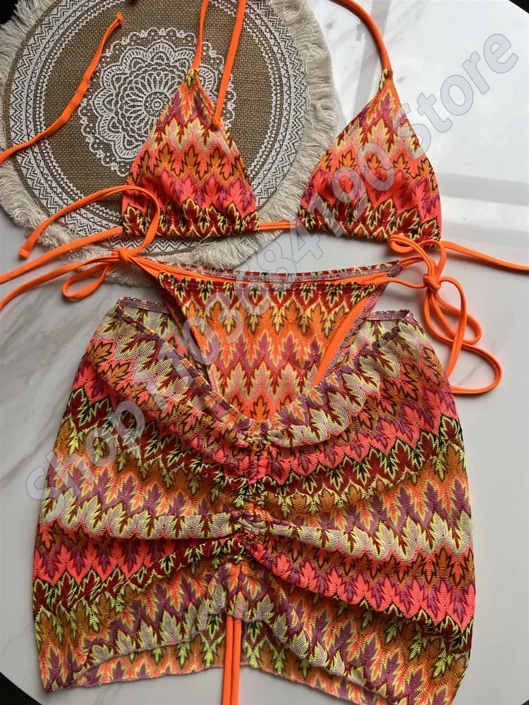 Traje de baño para mujer, falda de Bikini de punto con hojas de arce de colores, conjunto de tres piezas, traje de baño dividido, Bikini