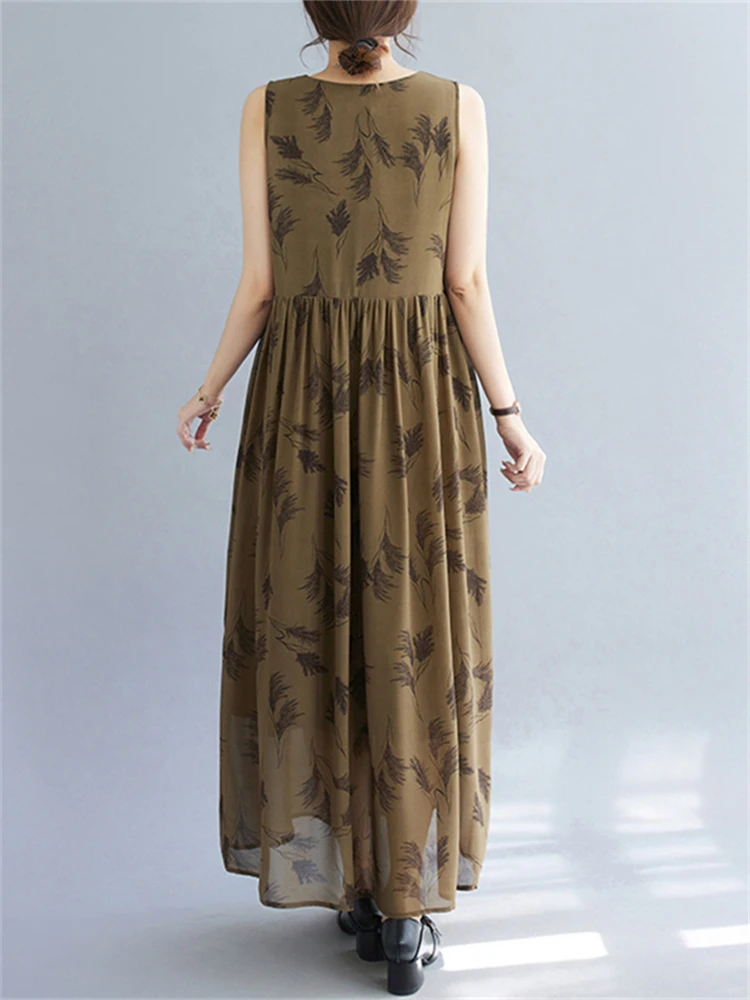 Sleeveless Cotton Print Vintage Dresses For Women 2025 Summer Casual Long Holiday Beach Dress Femme Robe Vestido Elegant Clothes