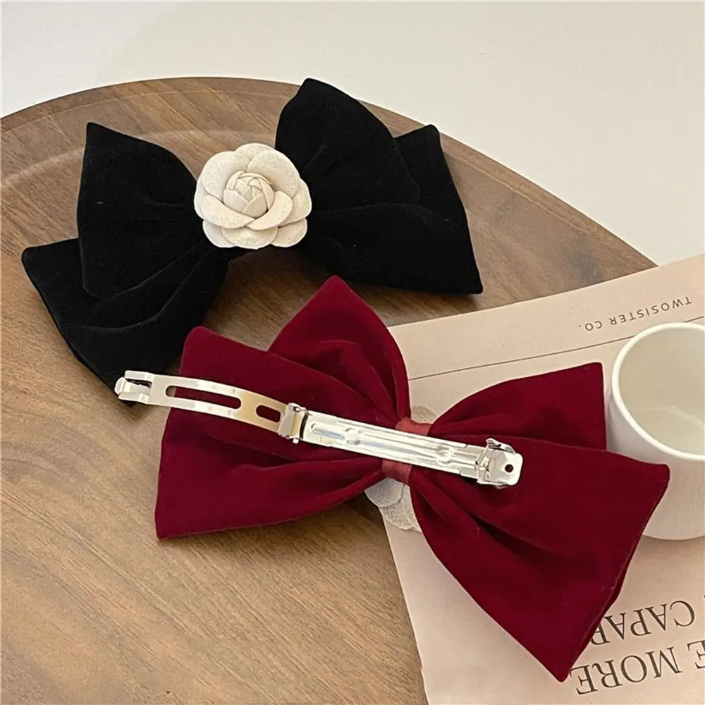 

Silmple Vintage Camellia Black Velvet Bow Knot Girls Spring Clip Big Bow Hairpin Korean Style Hair Clip Flower Hairpin