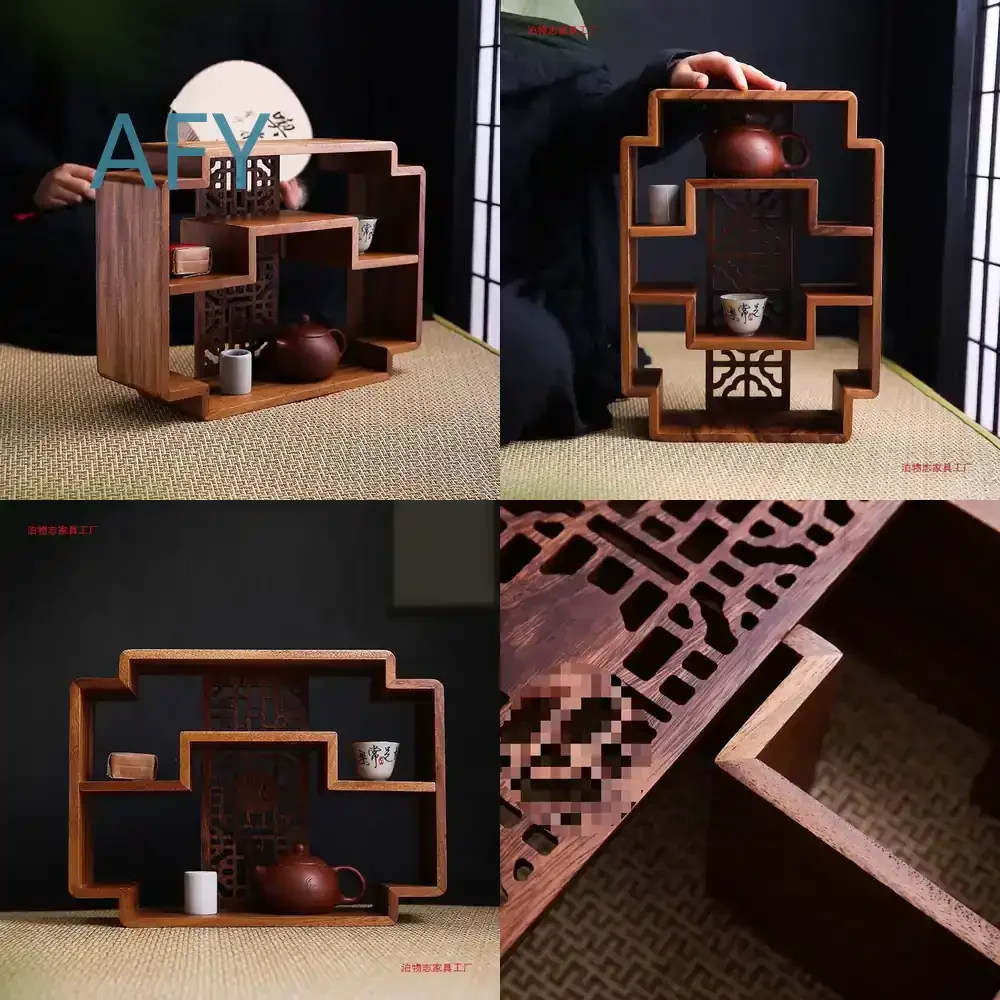 Walnussholz-Präsentationsregal für Teetassen und Teesets im Vintage-Stil Massivholz Desktop-Vitrine Organizer-Ständer für Zuhause