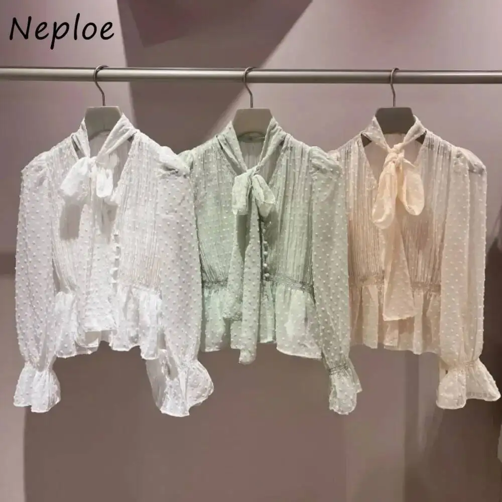 

BabYoung 2025 Ранняя весна Жаккардовая рубашка с бантом и v-образным вырезом с длинным рукавом на шнуровке Сказочные шифоновые блузки Япония Sweet Minority Повседневная Blusa