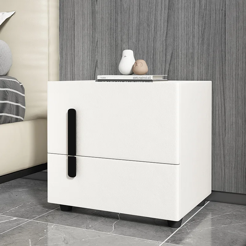 Mesita de noche italiana ligera de lujo, mesita de noche de madera maciza con doble cajón, losa de roca de cuero minimalista, diseño maestro personalizado