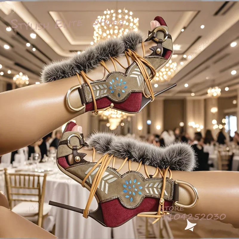 Gray Velvet Rope Wrapped Reddish Brown Boots Women Open Stiletto Suede Sandals Fringe Totem Print Cool Girl Wild Lace Heels Shoe
