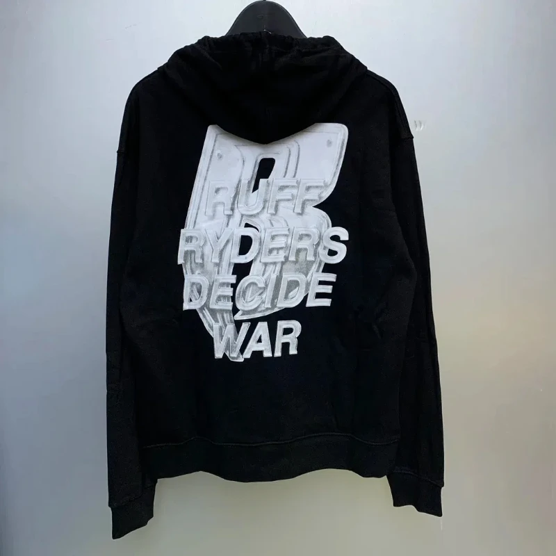 

High Quality WHO DECIDES WAR Ruff Ryders Hooded Sweatshirt Vintage Abstract Pattern Casual Fitness Men Women Pullover