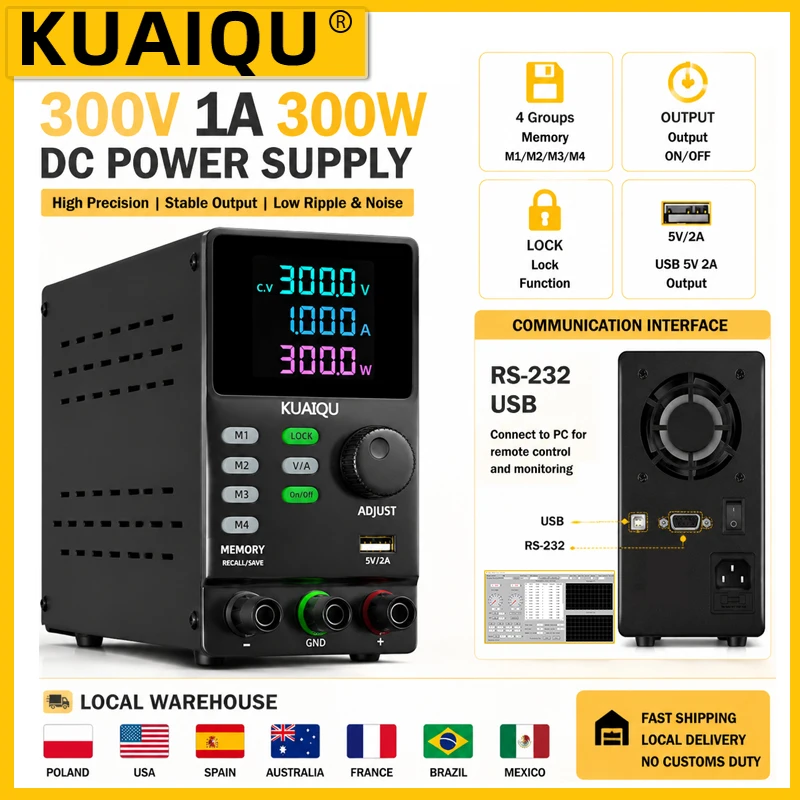 KUAIQU 300V 1A 300W Lab DC Power Supply RS232 USB Software Power Source 12V 30V 10A 200V Adjustable Voltage Regulator For Test