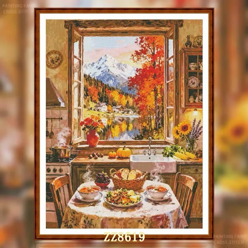 

ZZ8619- Autumn Kitchen 14CT 16CT 18CT Stamped Canvas Cross Stitch DIY Set Needlework Embroidery 138 Colors