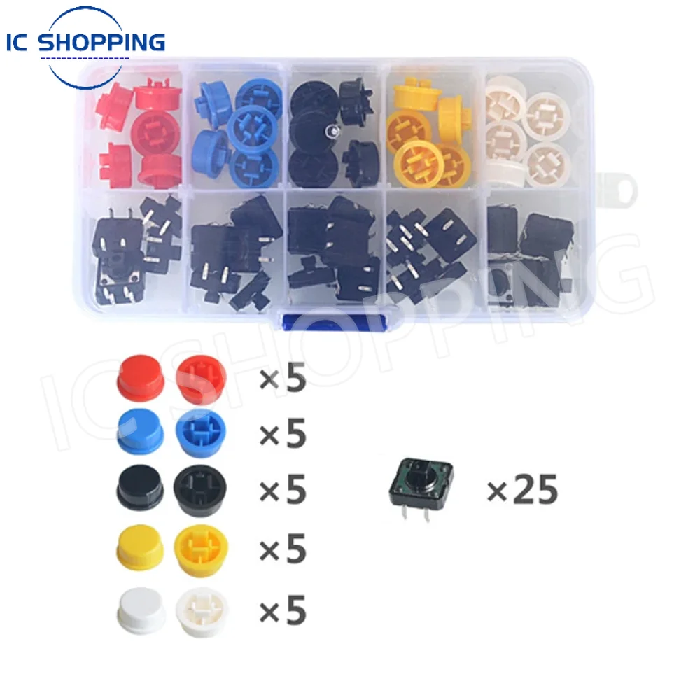 25pcs Boxed Tactile Switch Keys Round with Keycaps Microswitch 12*12*7.3MM for Home Appliances, Computer Interface