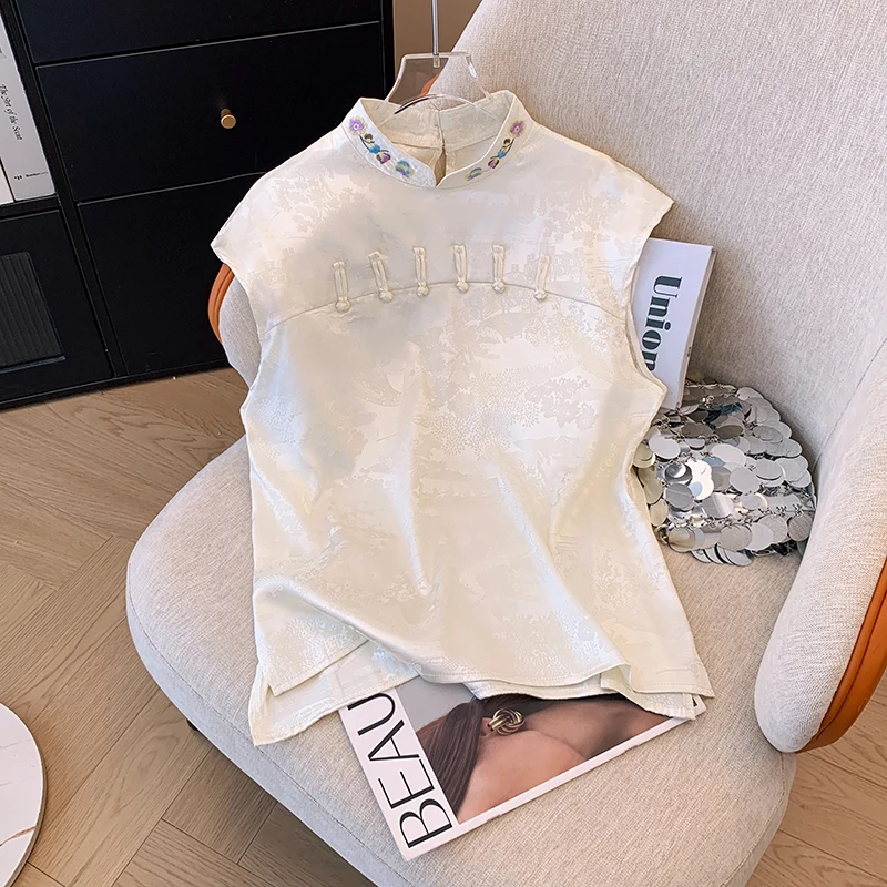 

New Chinese Style Sleeveless Satin Embroidered Shirt Women's Fashionable Summer Top Trendy Commute Style Slim Fit Cotton Blend