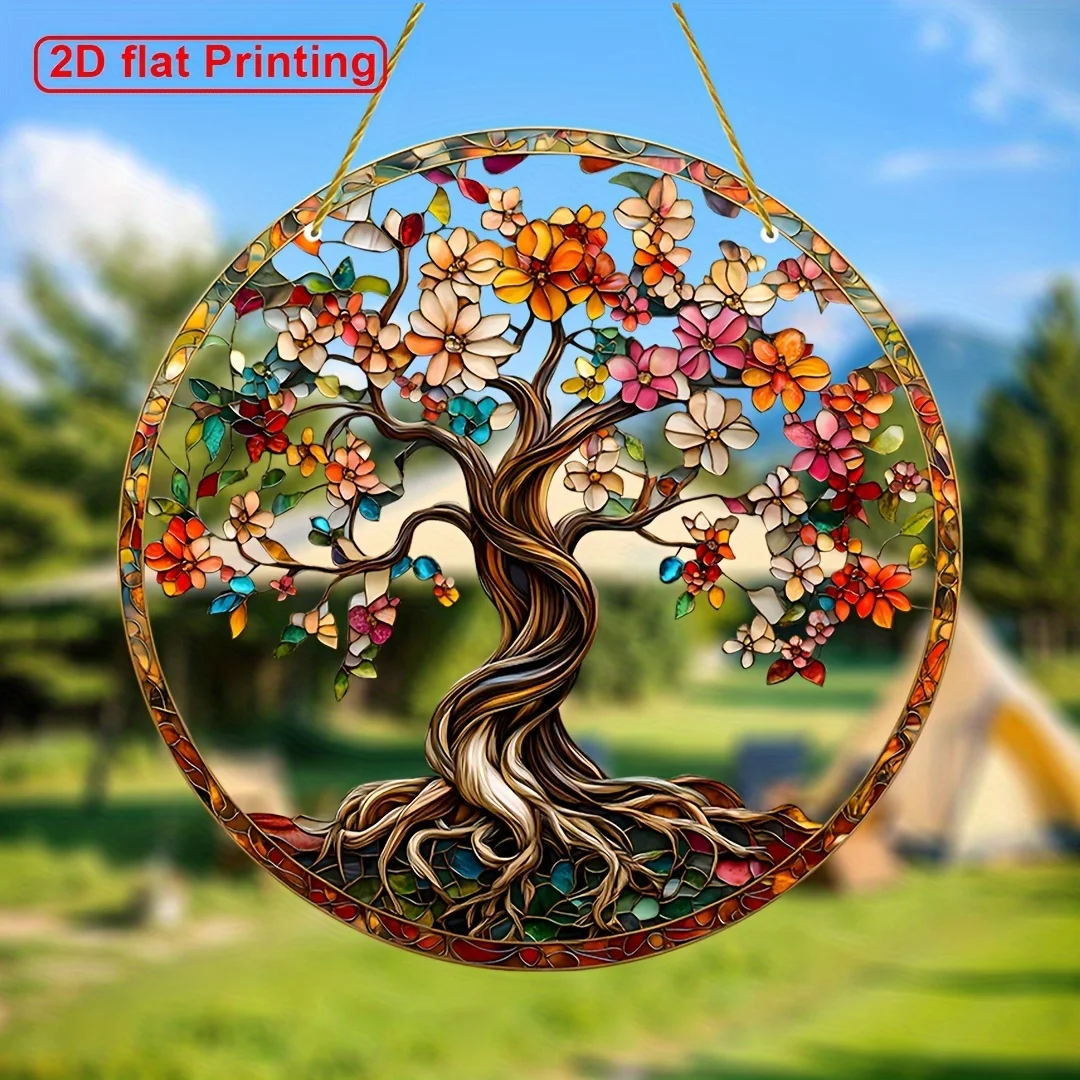 2D Flat, 1pc Tree of Life Sun Catcher - 2D Flat Acrylic Wall Hanging with Vibrant Floral Design, Spiritual Home Decor for Window