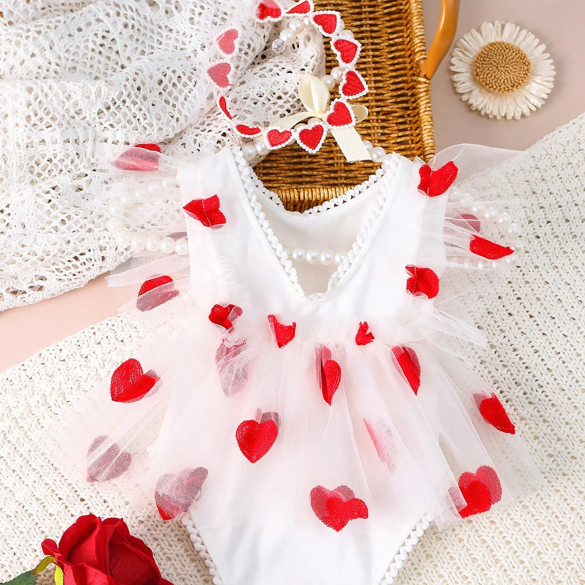 Ylsteed Newborn Girl Photography Outfits Red Heart Embroidery Romper Dress with Headband Infant Photography Props