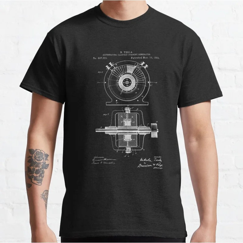 

Nikola AC Electric Generator Patent 1891 Science Engineer physics Graphic T Shirts for men large size mens clothing Adult tops