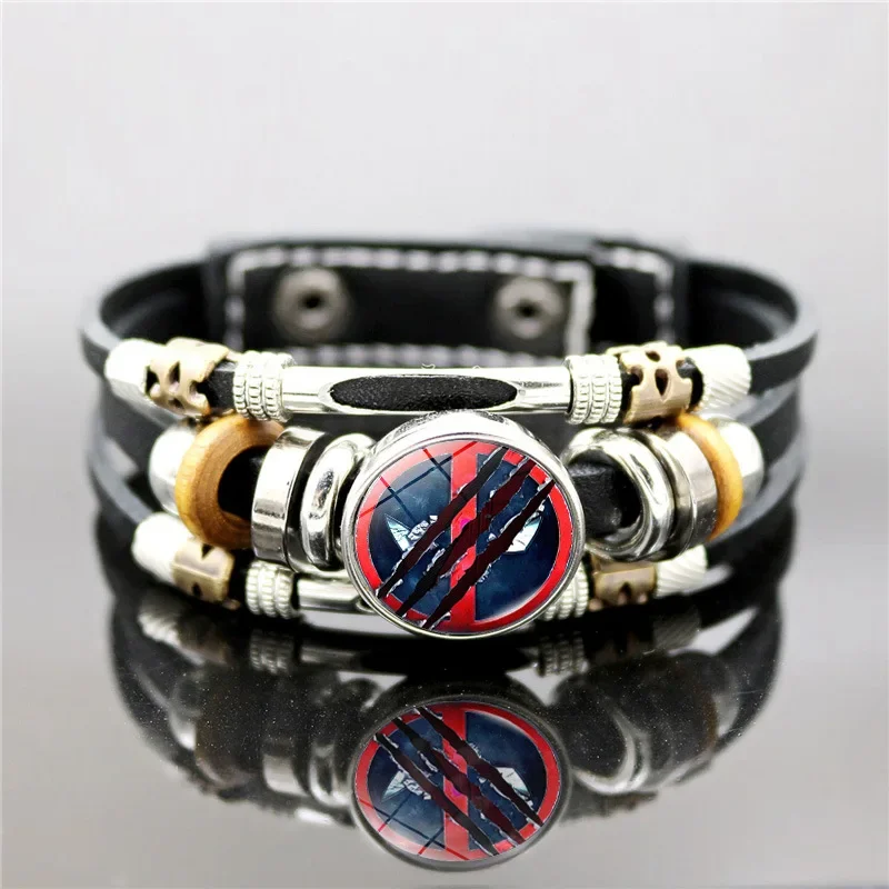 Deadpool Wolverine Leather Punk Bracelet for Men with Logo Braided Beaded Handpiece Fashion Jewelry Bracelets Gift for Friends