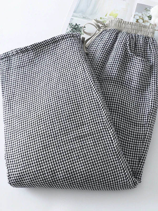 plus Size Plaid Thickened Cotton Wide Leg Pants Women's Autumn Winter Casual Loose All-Match Straight Cotton Trousers