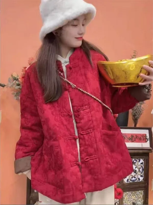 Autunno Inverno Nuovo Sle Cinese Colletto retrò Bottoni Jaet di cotone Lino da donna Fiore rosso Ricamo Thiened Cappotto di cotone O...
