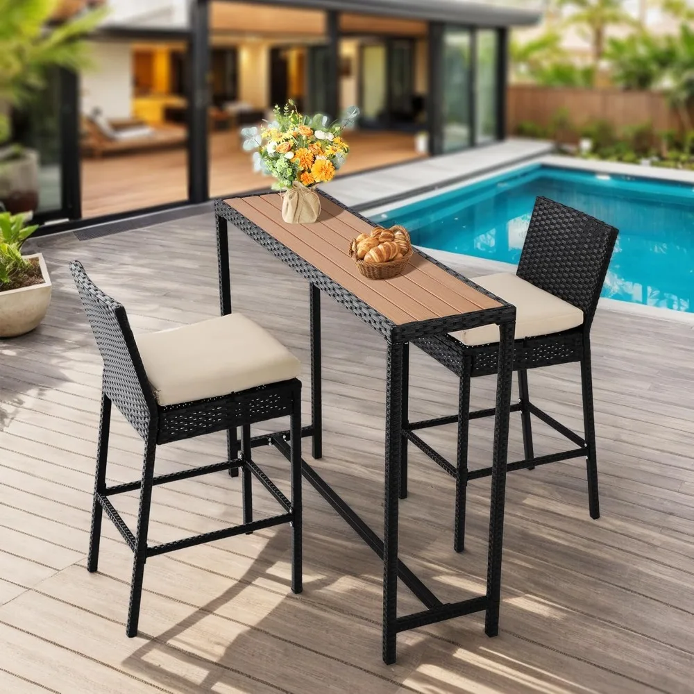 

Patio Bar Dining Table and Chairs Set, Outdoor Durable Bar Height Table and Upholstered Bar Stools