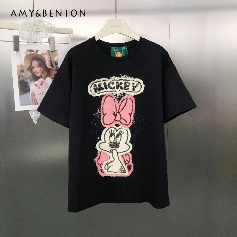 

Heavy Beaded Cartoon Patch Pure Cotton Short Sleeves T-shirts Retro Popular Fashion Loose Y2k Beautiful Sweet Pullover Top Tees