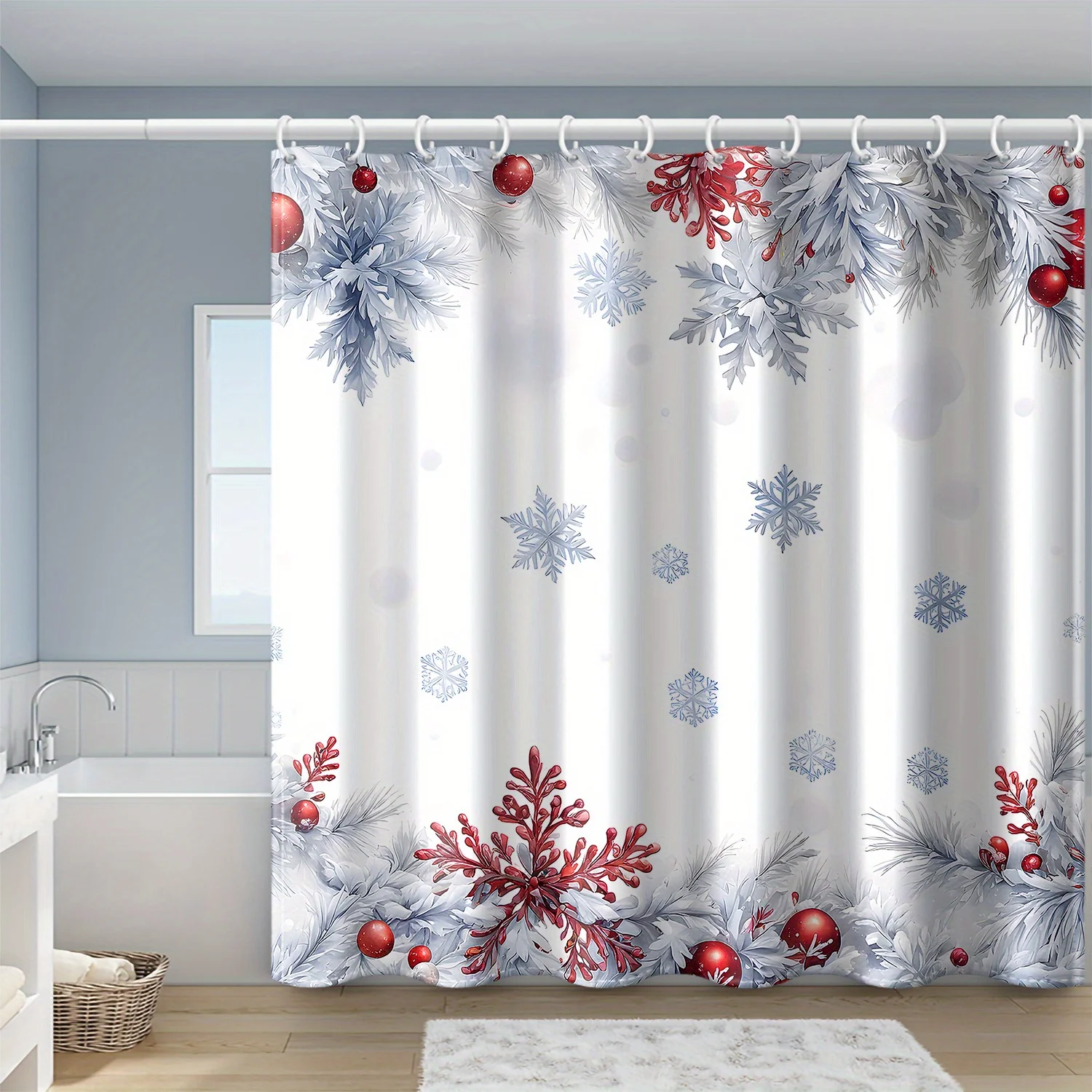 

1pc Christmas pine needle ball print shower curtain, polyester fabric, machine washable, suitable for bathroom decoration