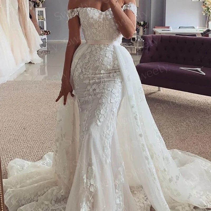 Detachable Mermaid 2 In 1 Wedding Dress Embroidered Lace On Net With Ball Gown Sleeveless Heart Neck Customized Vestido De Novia