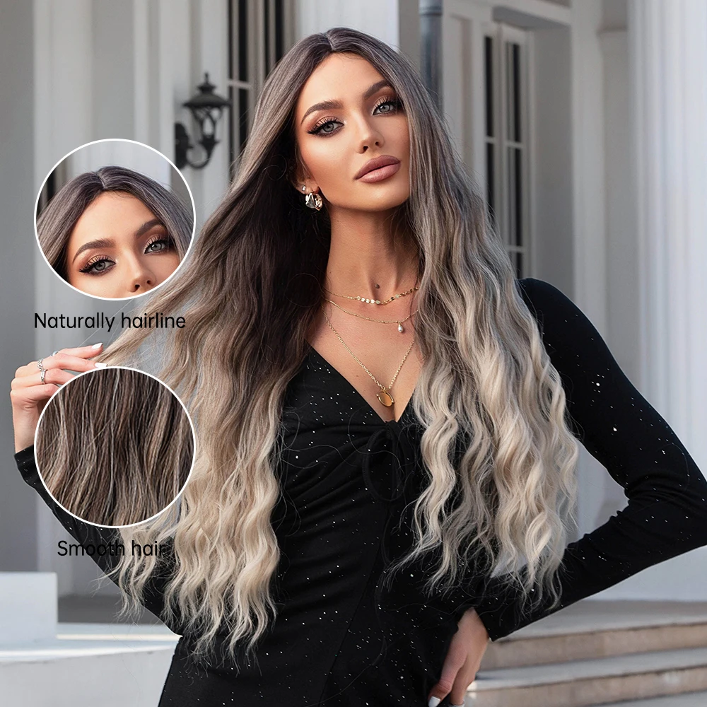 ALAN EATON Long Curly Wavy Synthetic Wigs for Women Brown to Blonde Ombre Hair Wig Ntural Middle Parted Party Wig Heat Resistant