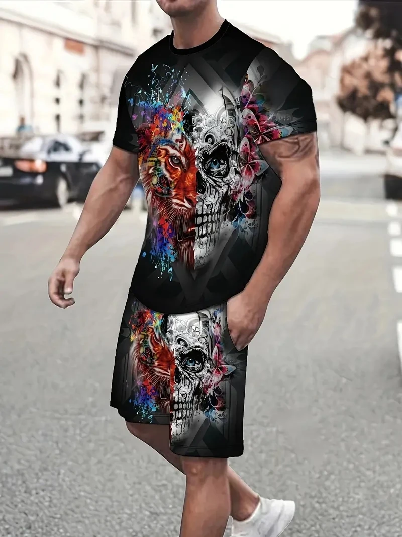 Abbigliamento sportivo da uomo Trend Men Set 3D Flower Skull Printed abbigliamento pantaloncini Casual magliette Set tute estive tuta da uomo Set