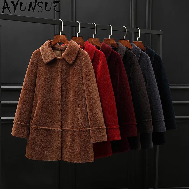 เสื้อโค้ทขนสัตว์แท้ 100% ยี่ห้อ AYUNSUE สำหรับผู้หญิง แจ็คเก็ตขนแกะแท้ เสื้อผ้าฤดูใบไม้ร่วงและฤดูหนาว เสื้อคลุมขนสัตว์ผสมสำหรับผู้หญิง เสื้อคลุมด้านนอก