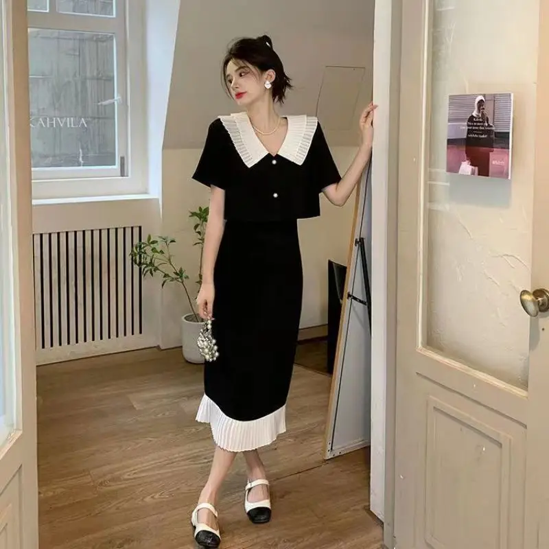 2024 Summer Women Sweet Two Piece Skirts Set Korean Graceful Peter Pan Collar Short Button Tops Patchwork Ruffle Skirts Outfits