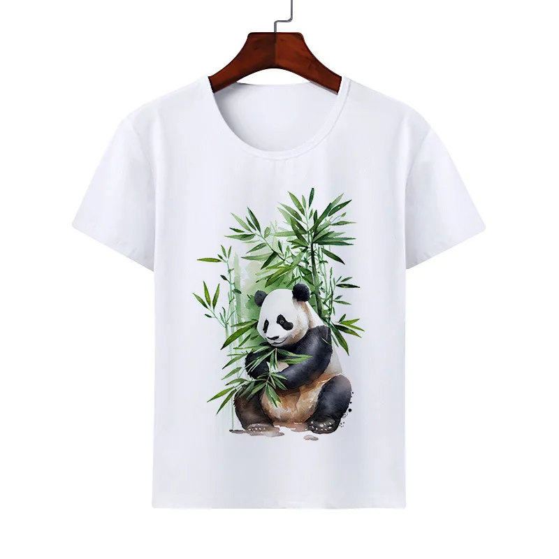 Cute Panda Cartoon Boys and Girls T-shirt Summer Round Neck Cat Short Sleeve Top Parent-child  Kids Clothes