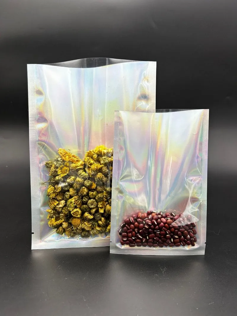 

100PCS Open Top Clear Front Holographic Back Foil Bags, Makeup Storage Pouches for Eyelashes, Brushes, Eyeshadow Storage Pouches