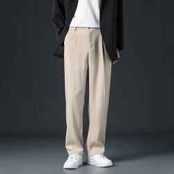 Spring Summer Korean Preppy Style Casual Loose Suit Pants Men's Solid Button Zipper Pockets Fashion Versatile Straight Trousers