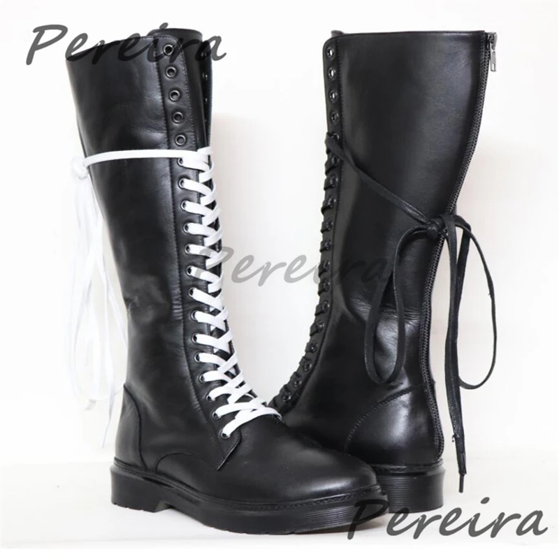 Trendy Men's Cowhide Lace Up Knight Boots Round Toe Back Zipper Over The Knee Motorcycle Boots genuine leather high top booties