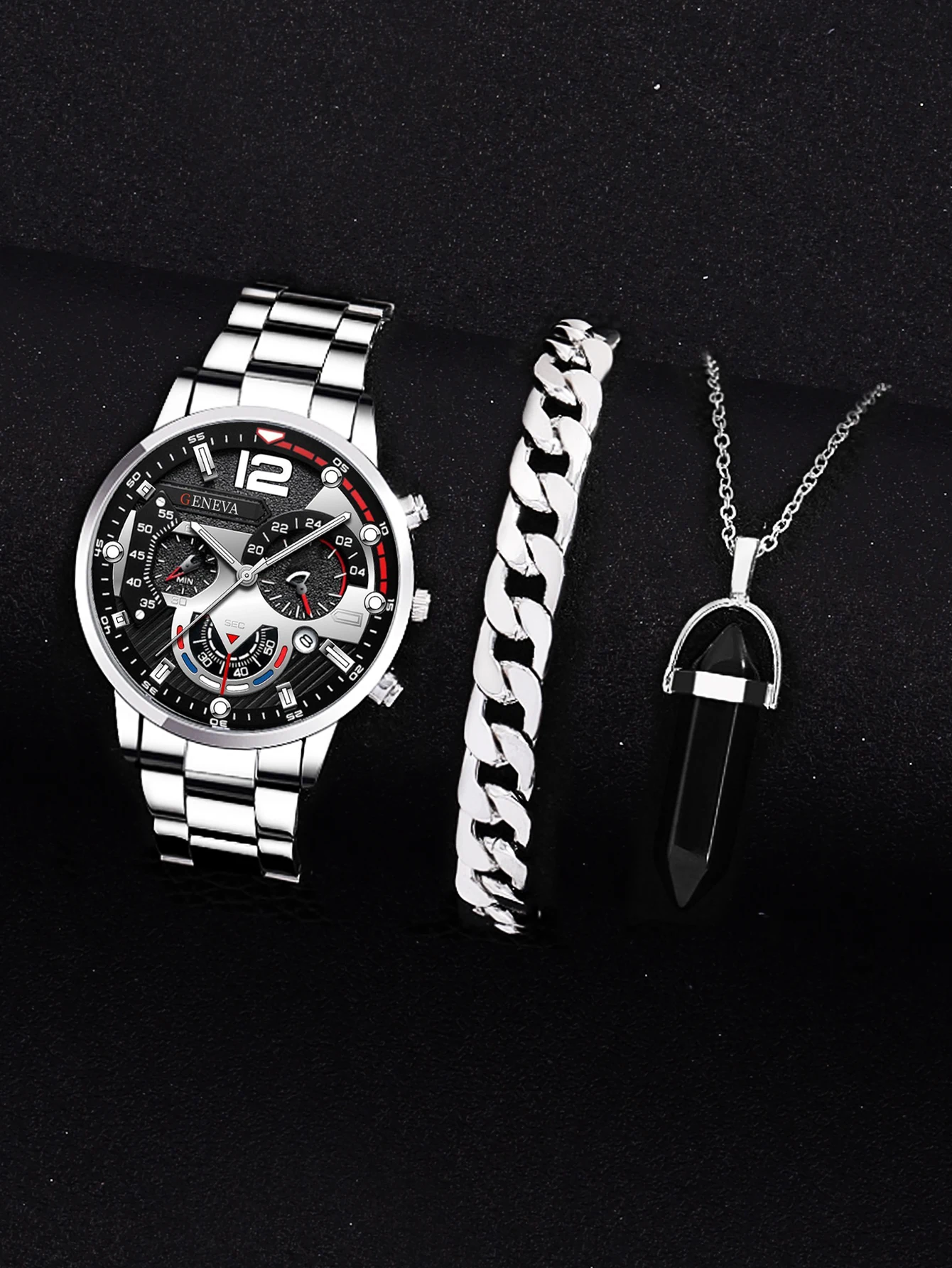 3PC/2PCS Silver & White Mechanical Design Men's alloy with calendar quartz watch and Cuban bracelet necklace set gift