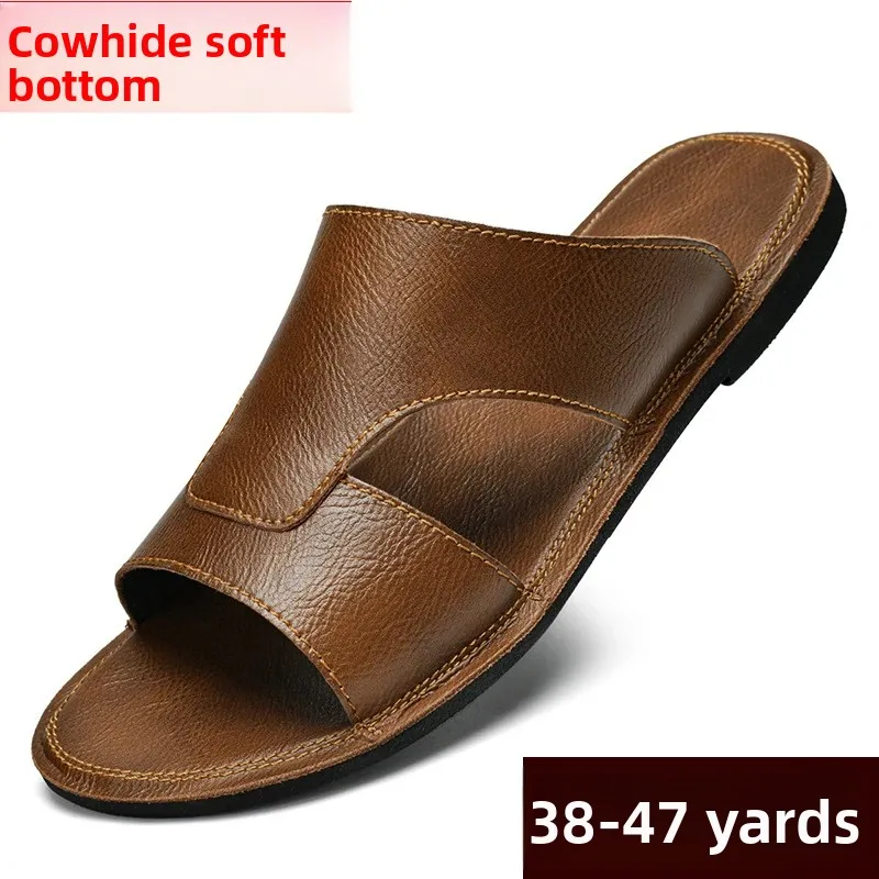 

Cowhide Slippers Men's Black Versatile Genuine Leather 47 Flip-Flops Summer Beach Shoes Men's Soft Sole Leather Sandals Trendy