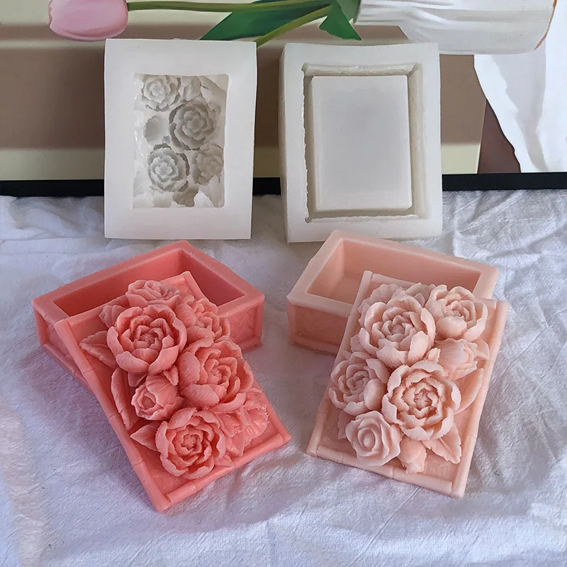 Peony Flowers Pattern Jewelry Box Silicone Molds  Rectangle Plaster Storage Jar Mold Concrete Candle Cup with Lid Making Tools