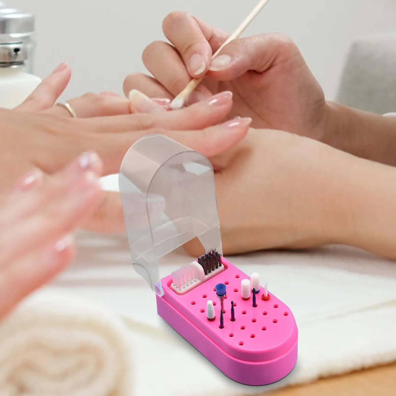 Nail Drill Bit Holder Durable Plastic Display Stand Pink Case with Soft Brush for Nail Salon Manicure DIY