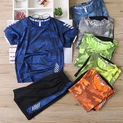 Summer Outdoor Quick-Dry Camouflage Kids Top T-Shirt + Shorts Sets Moisture Wicking Baby Boys 2-Pieces Workout Sets 3-14 Years